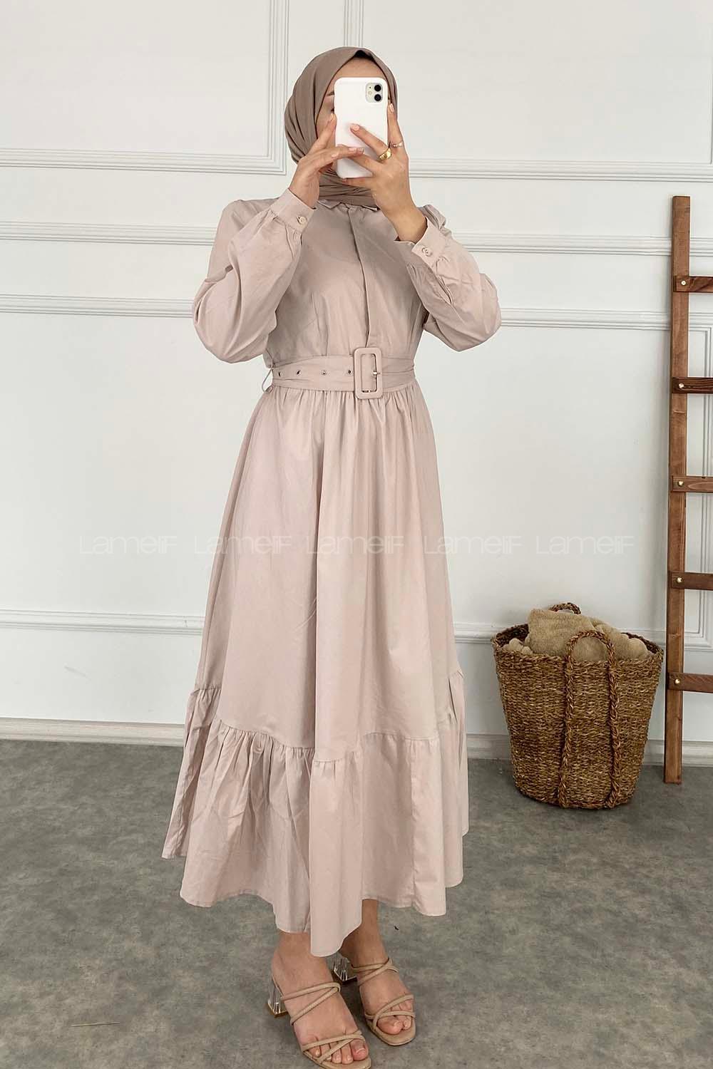 Modalamelif Önü Gizli Düğmeli Beli Kemerli Elbise Taş