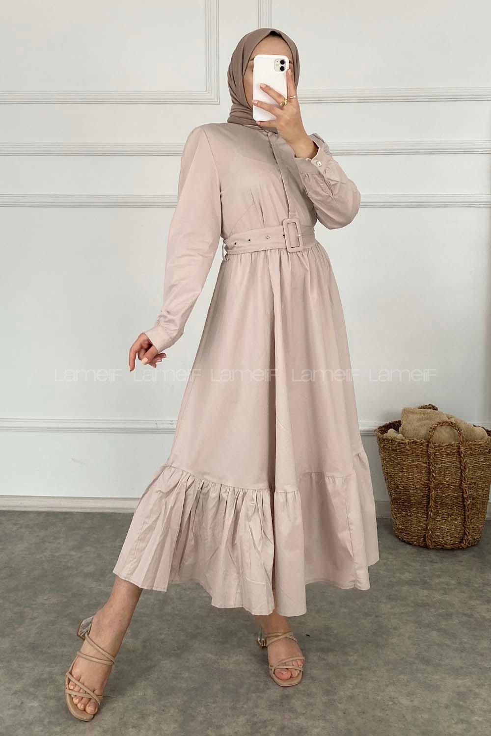 Modalamelif Önü Gizli Düğmeli Beli Kemerli Elbise Taş