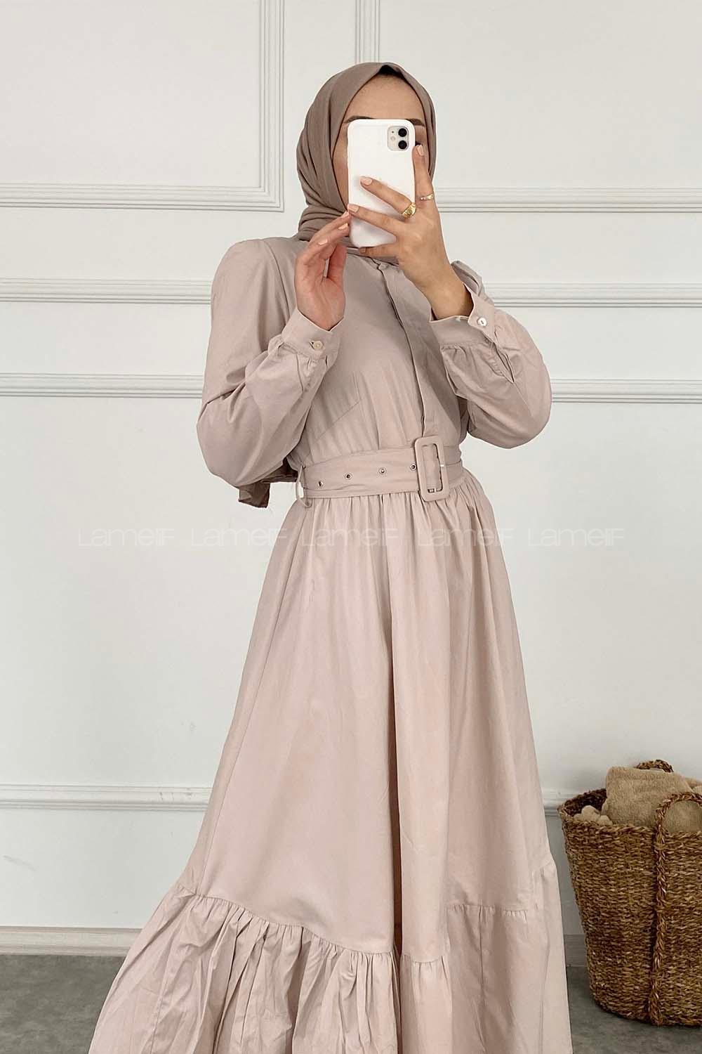 Modalamelif Önü Gizli Düğmeli Beli Kemerli Elbise Taş