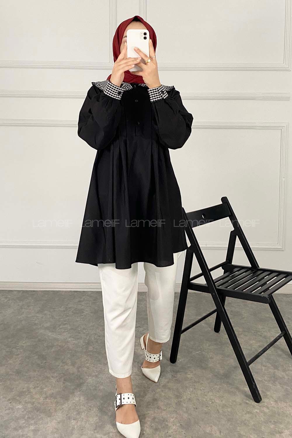 Modalamelif Önü Pileli Bebe Yaka Gömlek Siyah