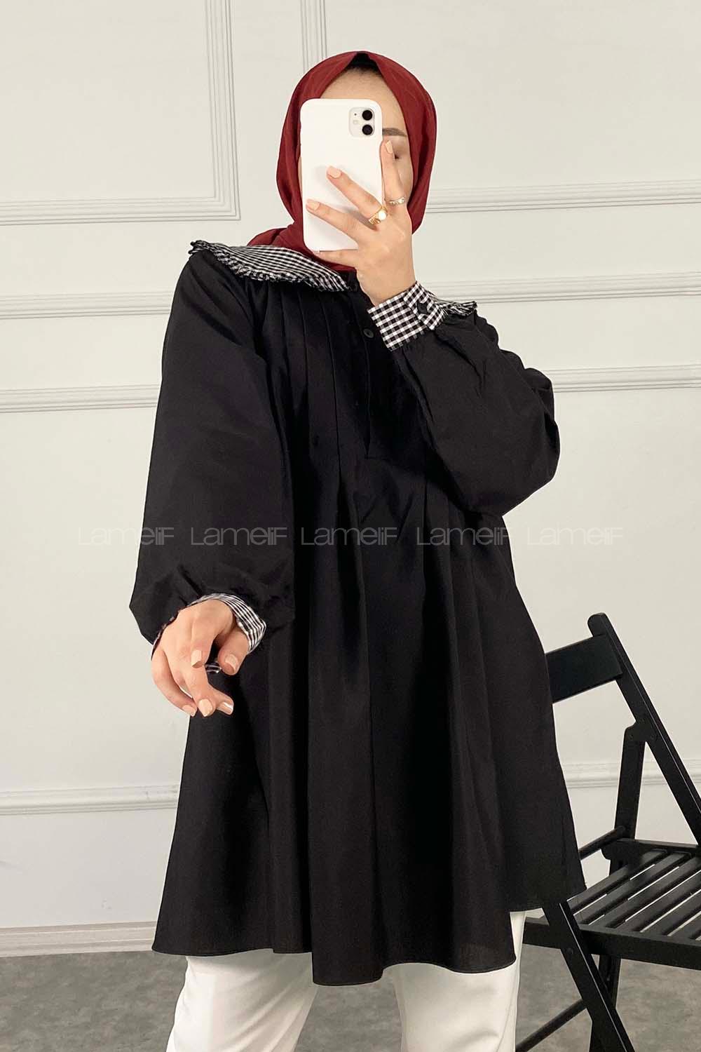 Modalamelif Önü Pileli Bebe Yaka Gömlek Siyah