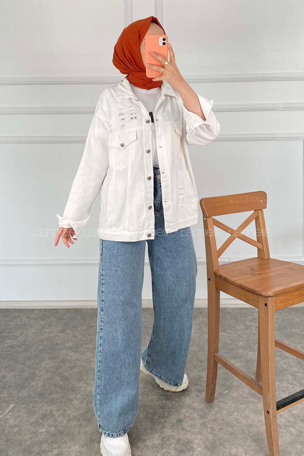 Modalamelif Arkası Lose Yazılı Boncuk Detaylı Ceket Beyaz