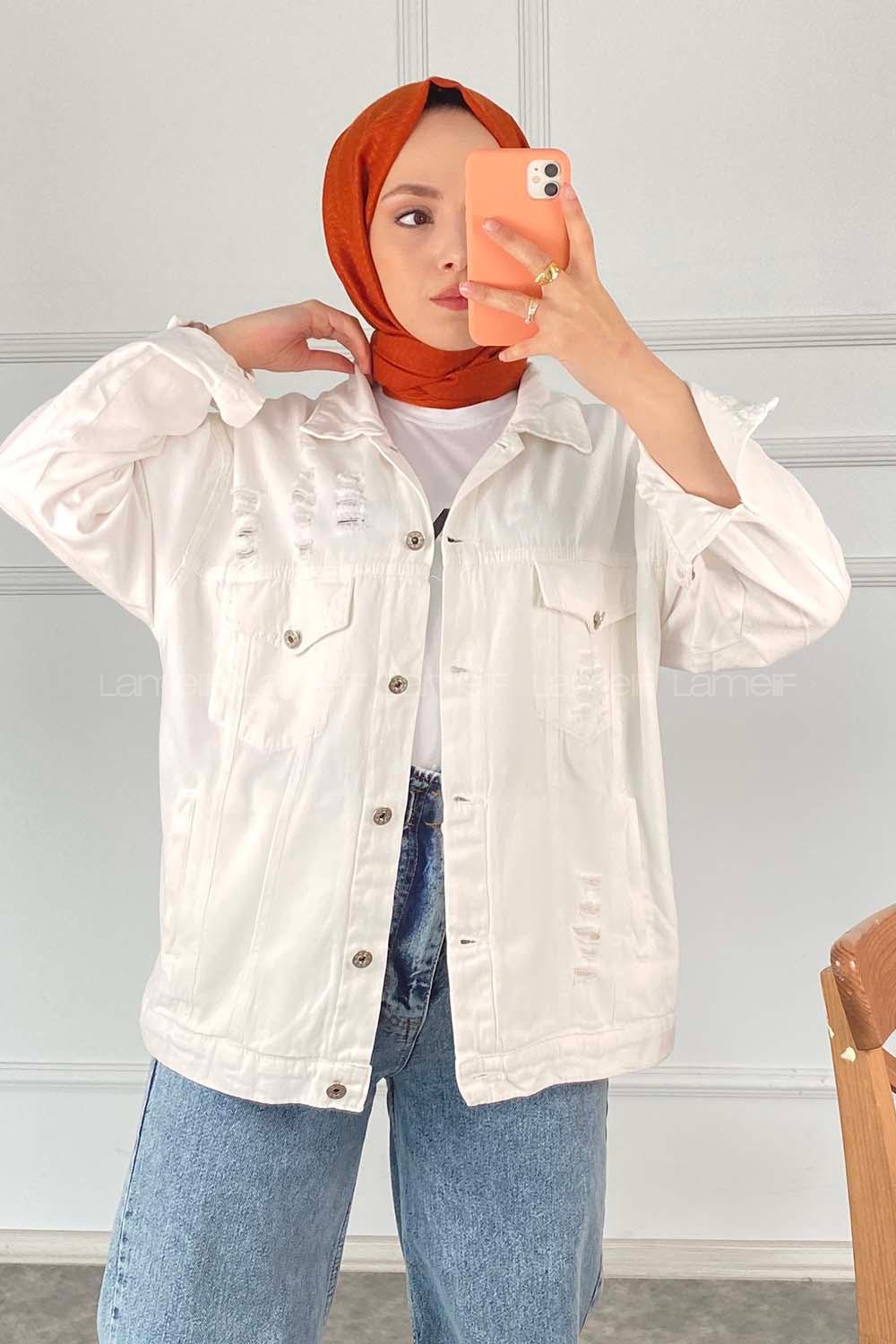 Modalamelif Arkası Lose Yazılı Boncuk Detaylı Ceket Beyaz