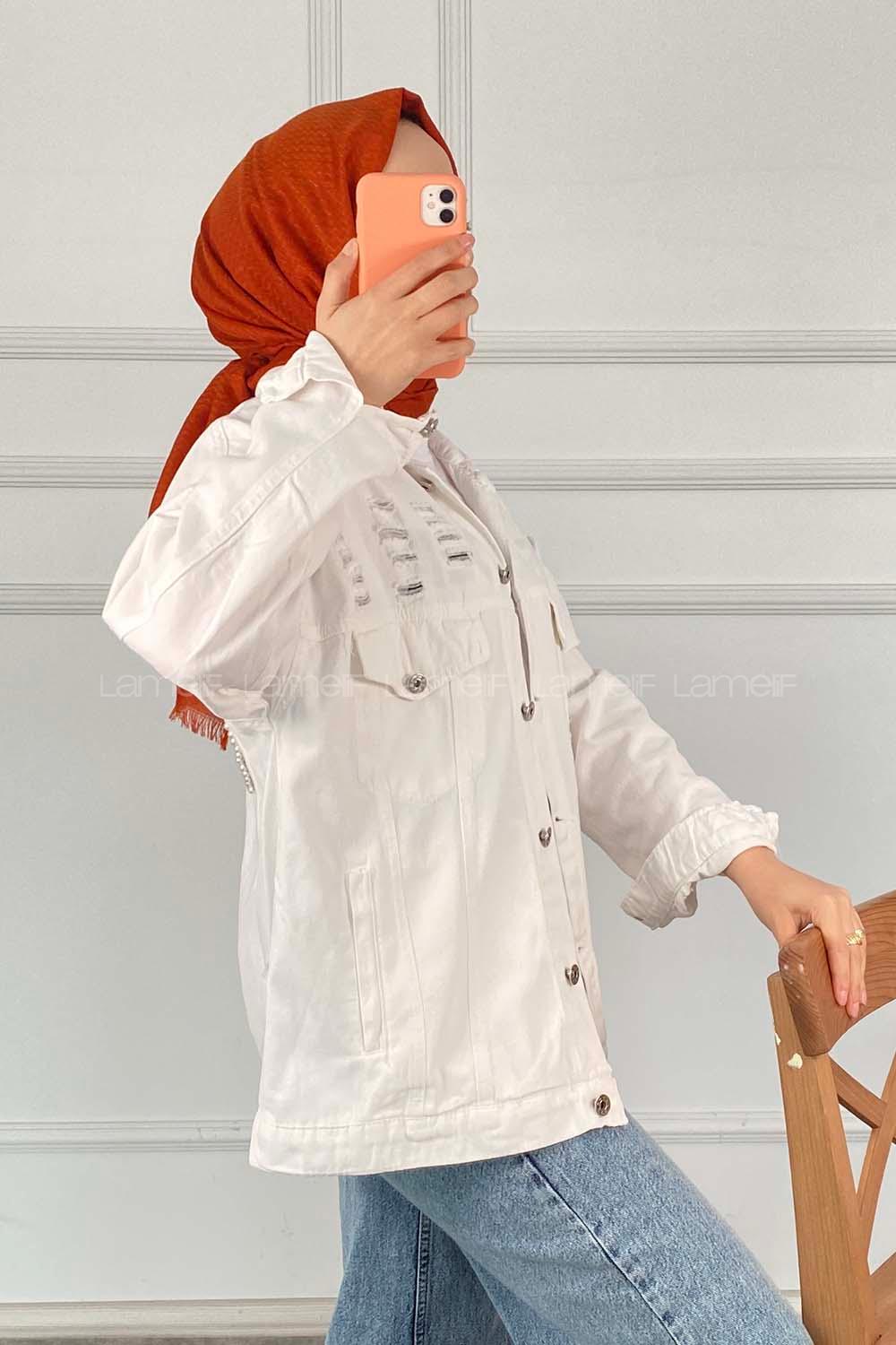 Modalamelif Arkası Lose Yazılı Boncuk Detaylı Ceket Beyaz