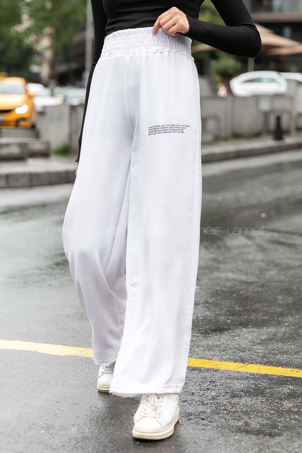 Modalamelif Bel Lastikli Yazı Baskılı Bol Paça Eşofman Beyaz