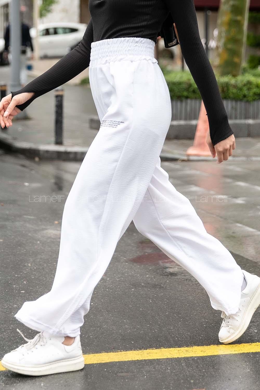 Modalamelif Bel Lastikli Yazı Baskılı Bol Paça Eşofman Beyaz