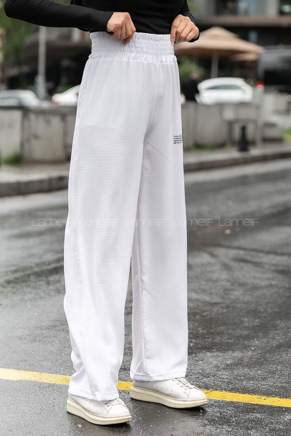 Modalamelif Bel Lastikli Yazı Baskılı Bol Paça Eşofman Beyaz