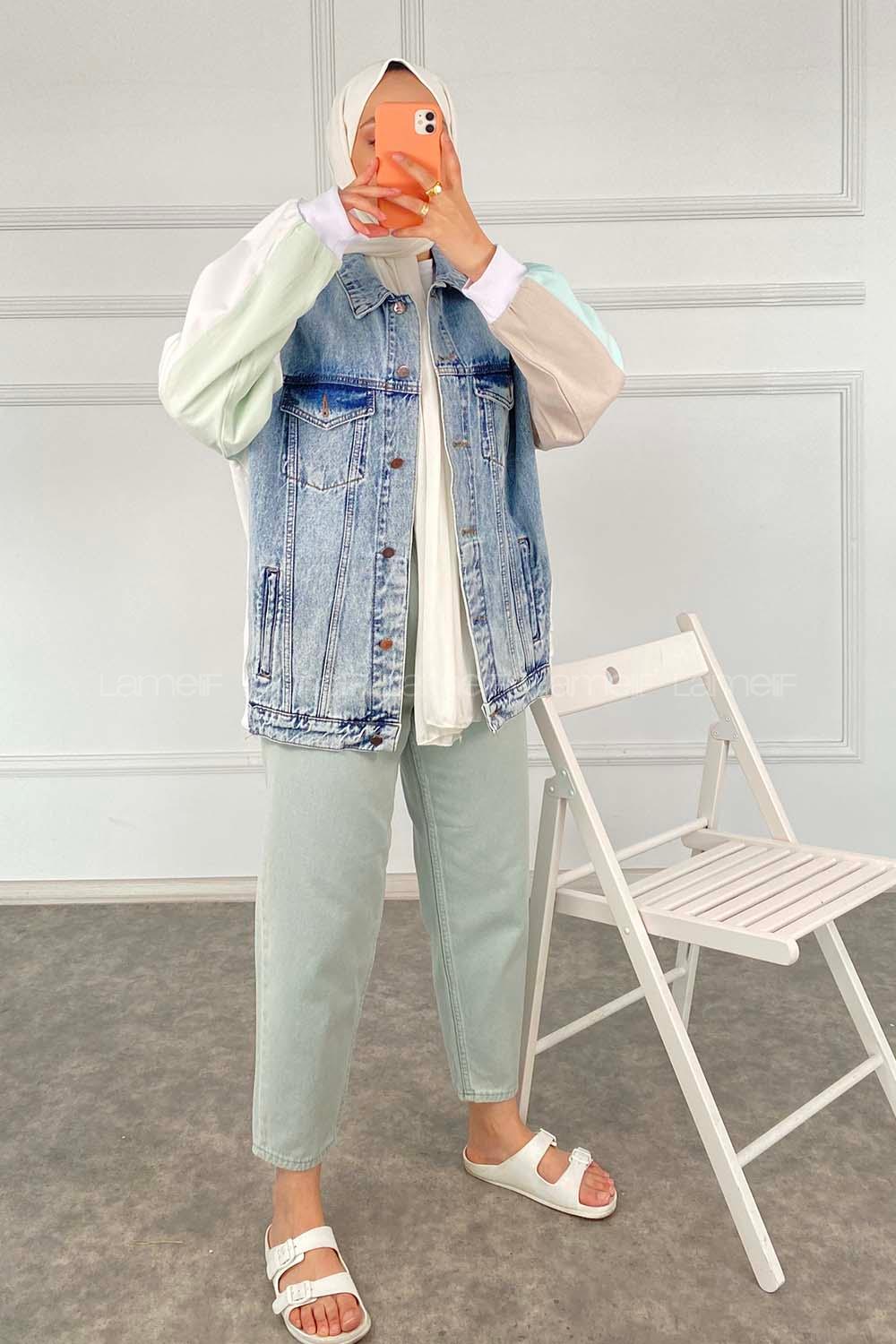 Modalamelif  Beli Lastikli Kol ve Arka Garnili Ceket Beyaz