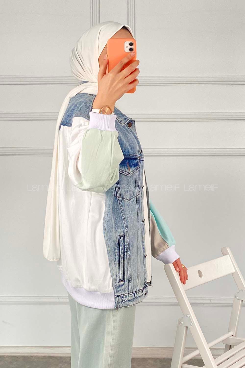 Modalamelif  Beli Lastikli Kol ve Arka Garnili Ceket Beyaz