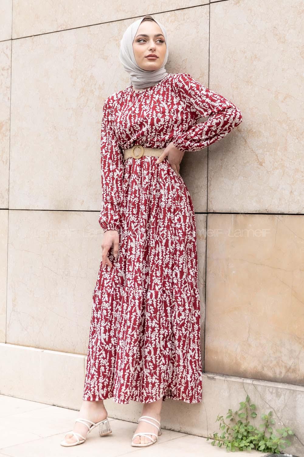 Modalamelif Burçak Desen Hasır Kemerli Elbise Bordo