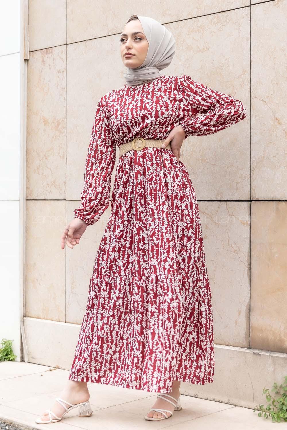 Modalamelif Burçak Desen Hasır Kemerli Elbise Bordo