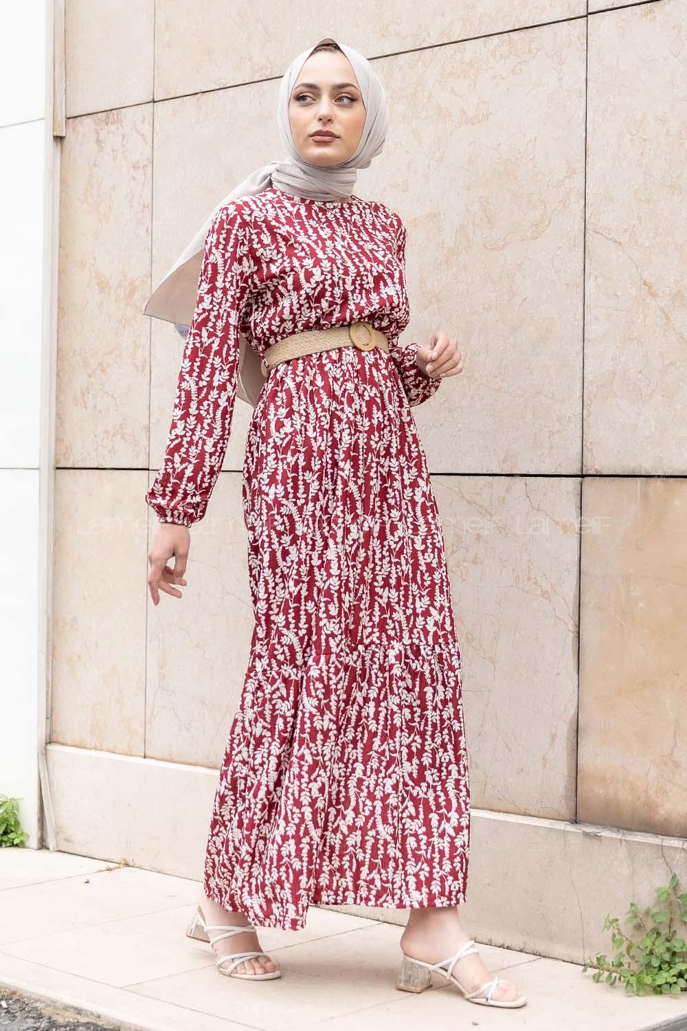 Modalamelif Burçak Desen Hasır Kemerli Elbise Bordo