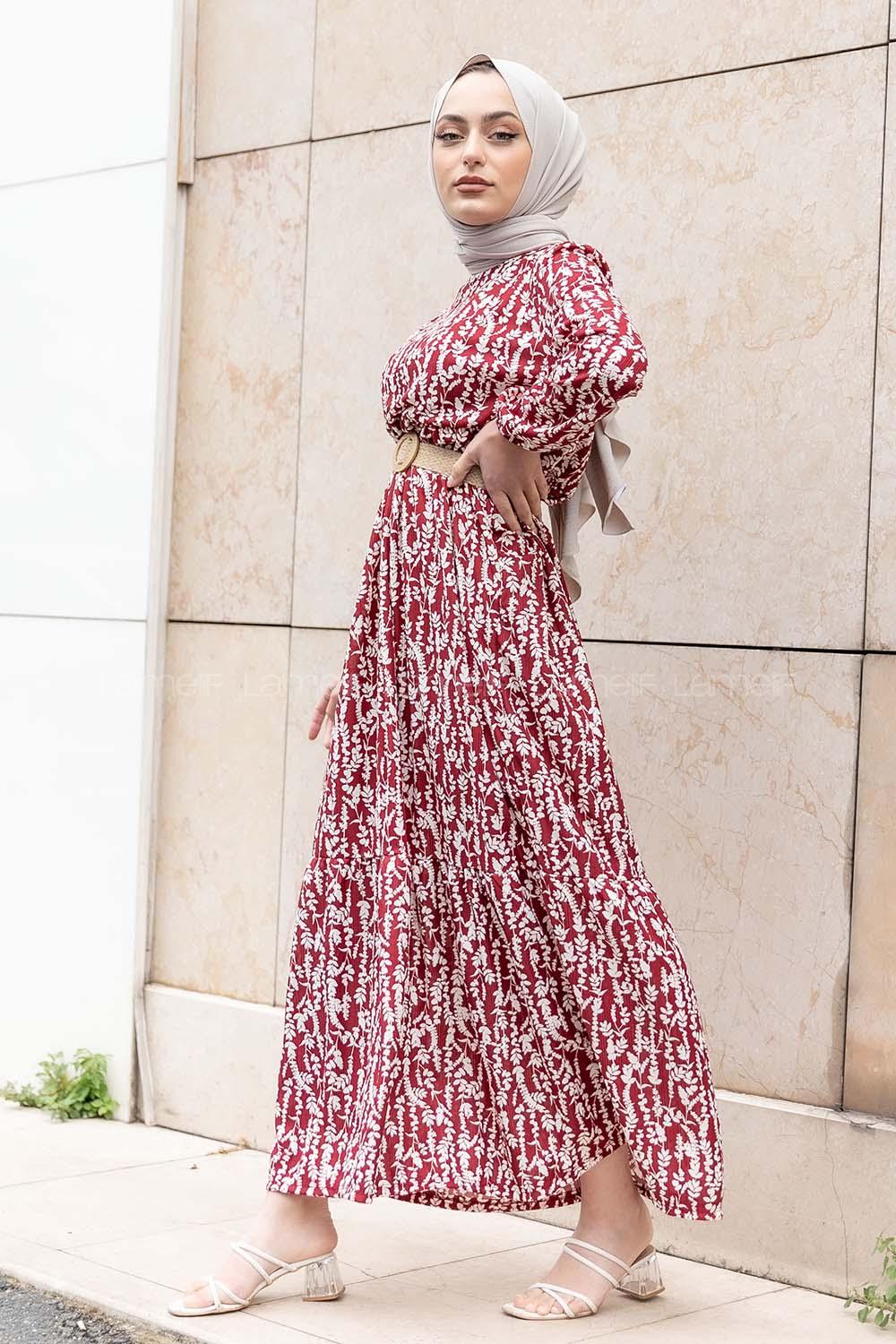 Modalamelif Burçak Desen Hasır Kemerli Elbise Bordo