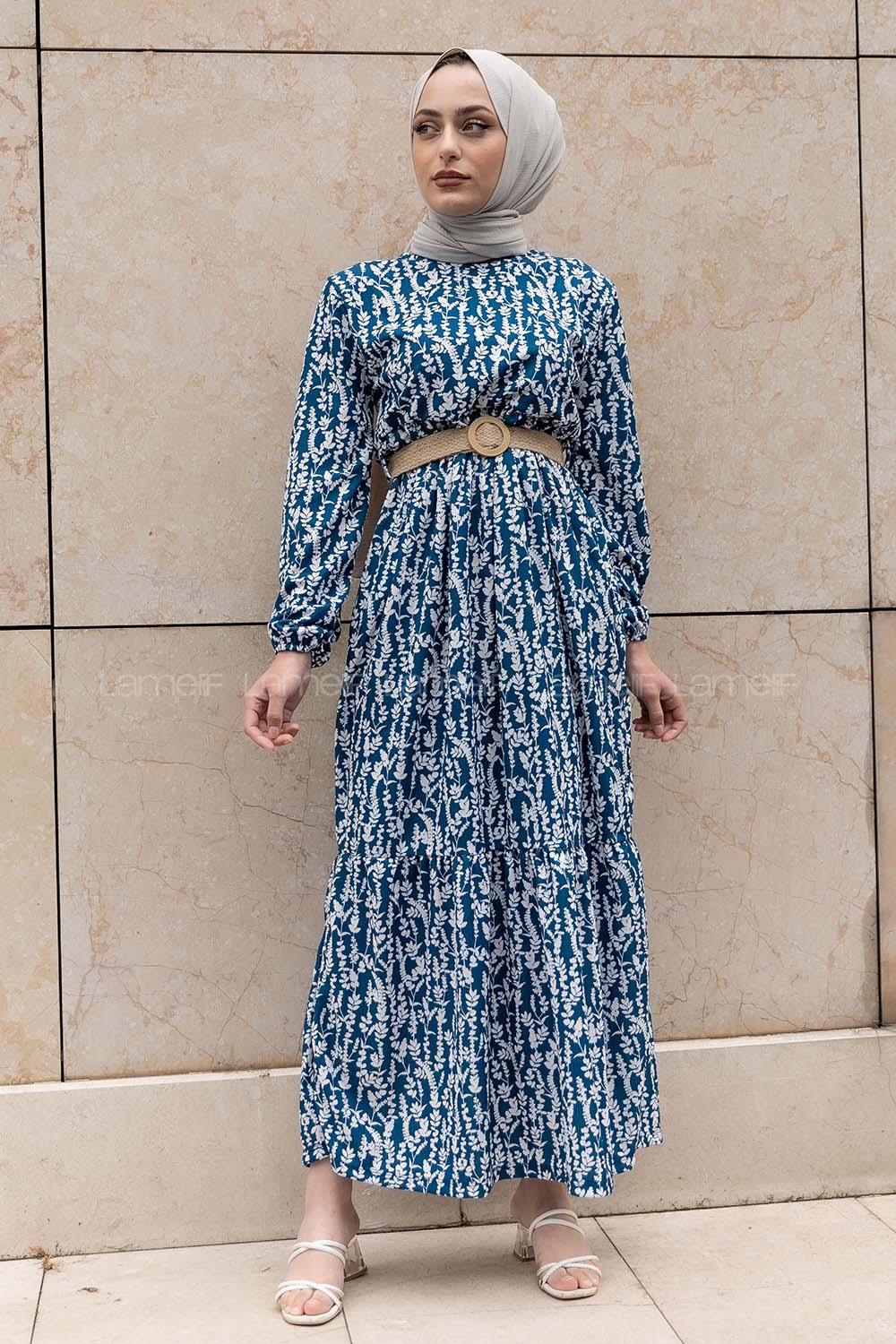 Modalamelif Burçak Desen Hasır Kemerli Elbise İndigo