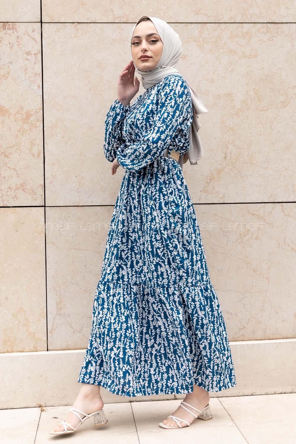 Modalamelif Burçak Desen Hasır Kemerli Elbise İndigo