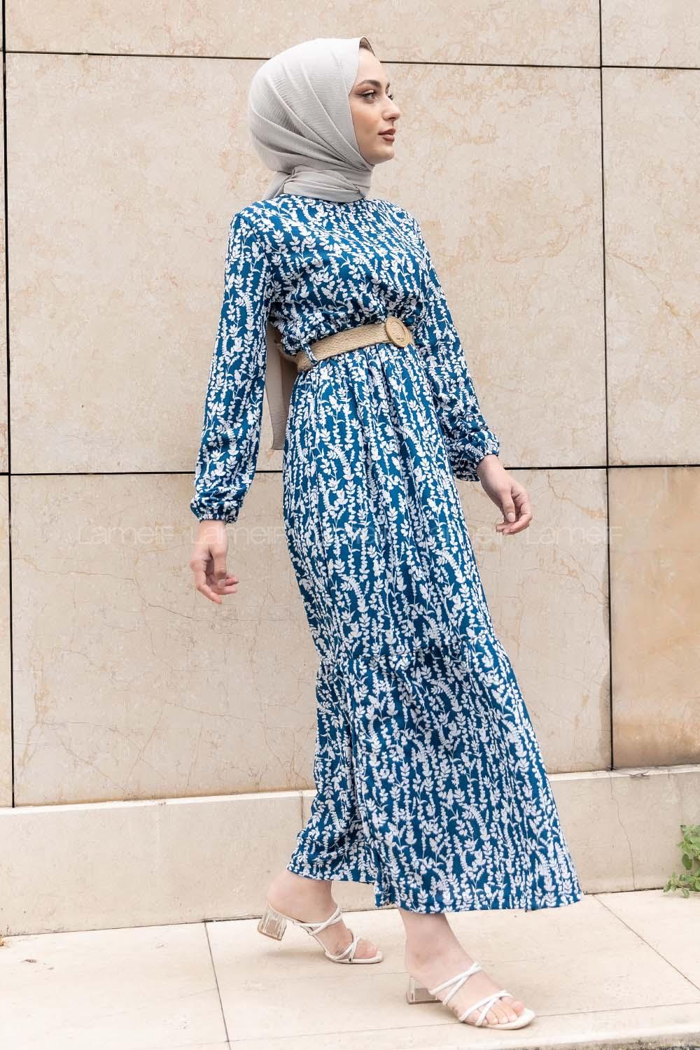 Modalamelif Burçak Desen Hasır Kemerli Elbise İndigo