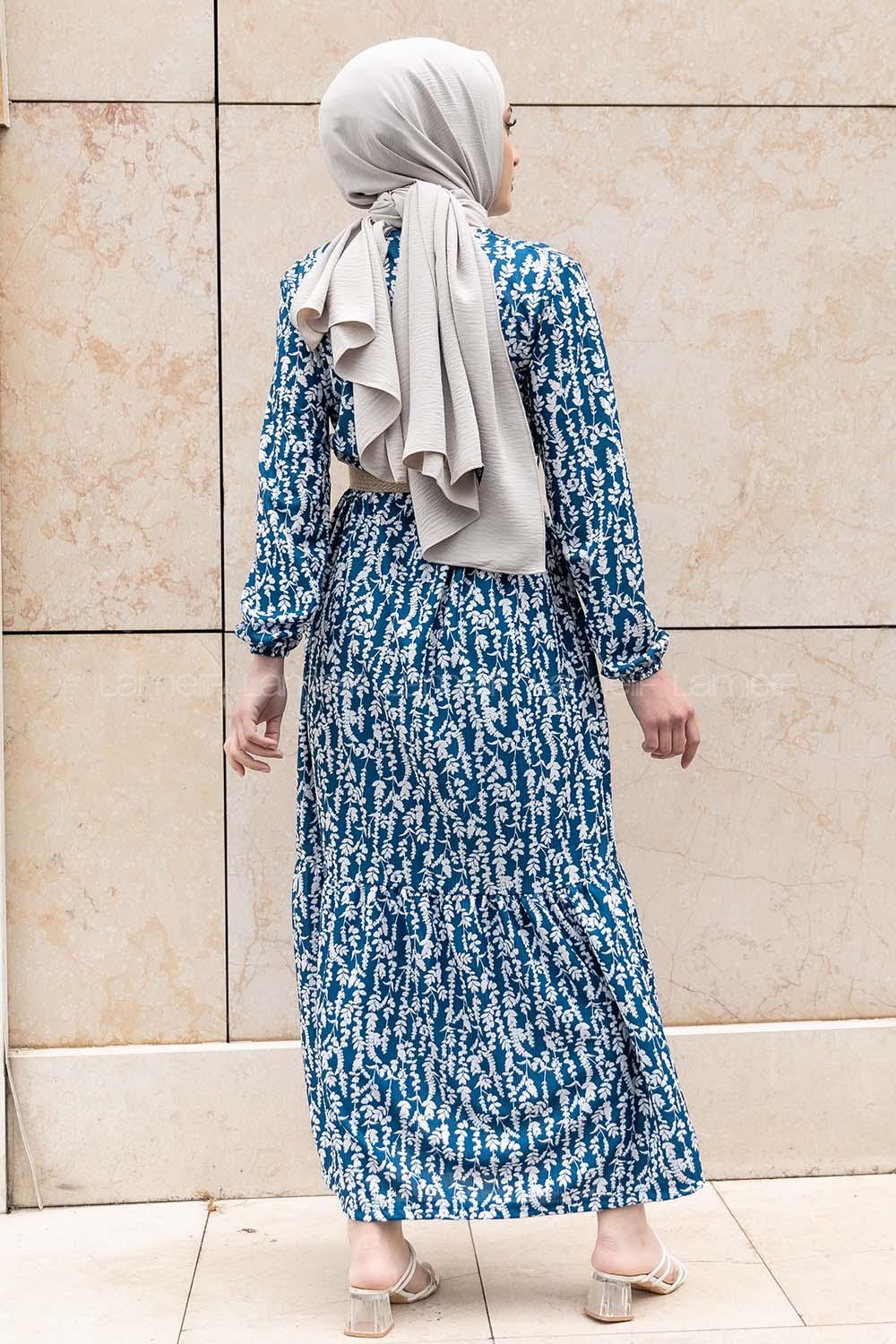Modalamelif Burçak Desen Hasır Kemerli Elbise İndigo