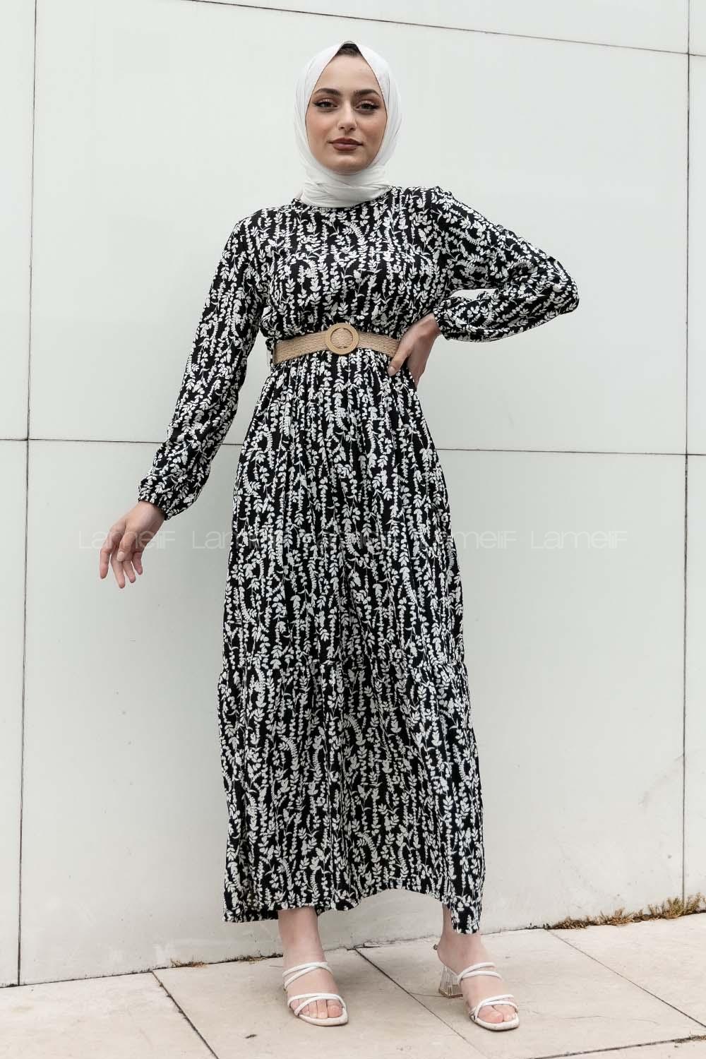 Modalamelif Burçak Desen Hasır Kemerli Elbise Siyah