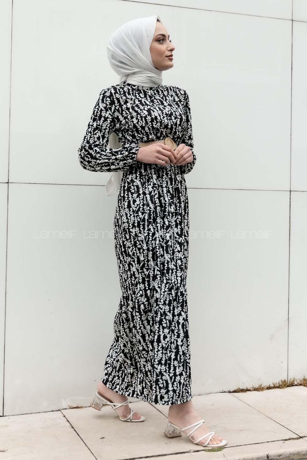 Modalamelif Burçak Desen Hasır Kemerli Elbise Siyah