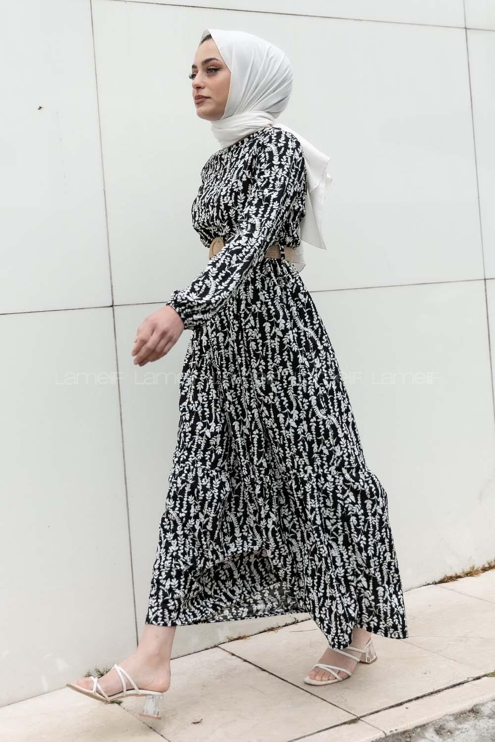 Modalamelif Burçak Desen Hasır Kemerli Elbise Siyah