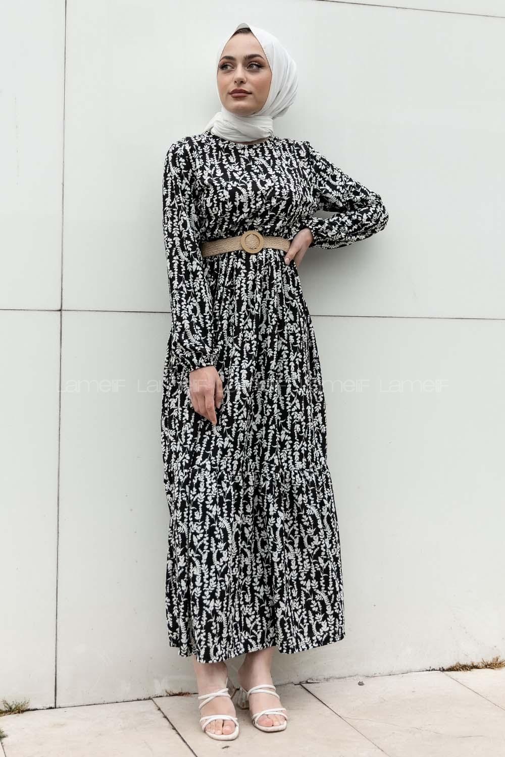 Modalamelif Burçak Desen Hasır Kemerli Elbise Siyah