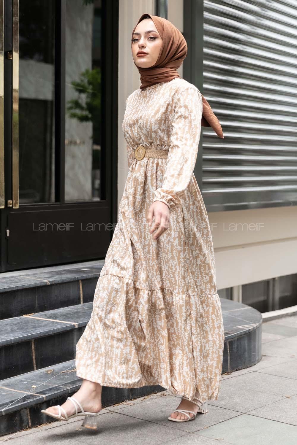 Modalamelif Burçak Desen Hasır Kemerli Elbise Sütlü Kahve