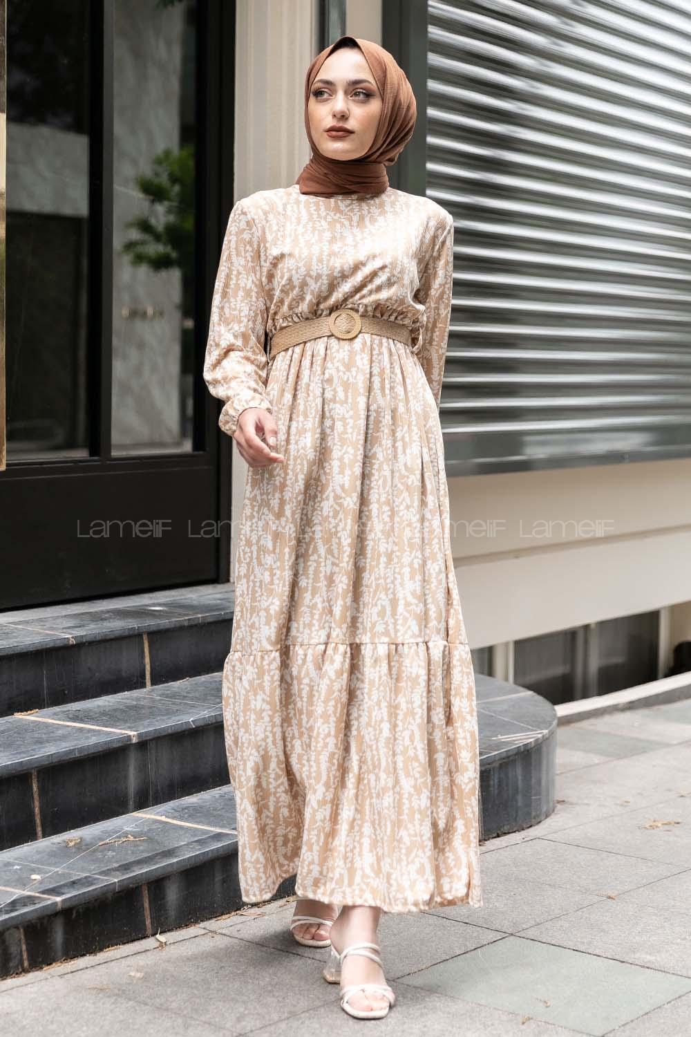 Modalamelif Burçak Desen Hasır Kemerli Elbise Sütlü Kahve