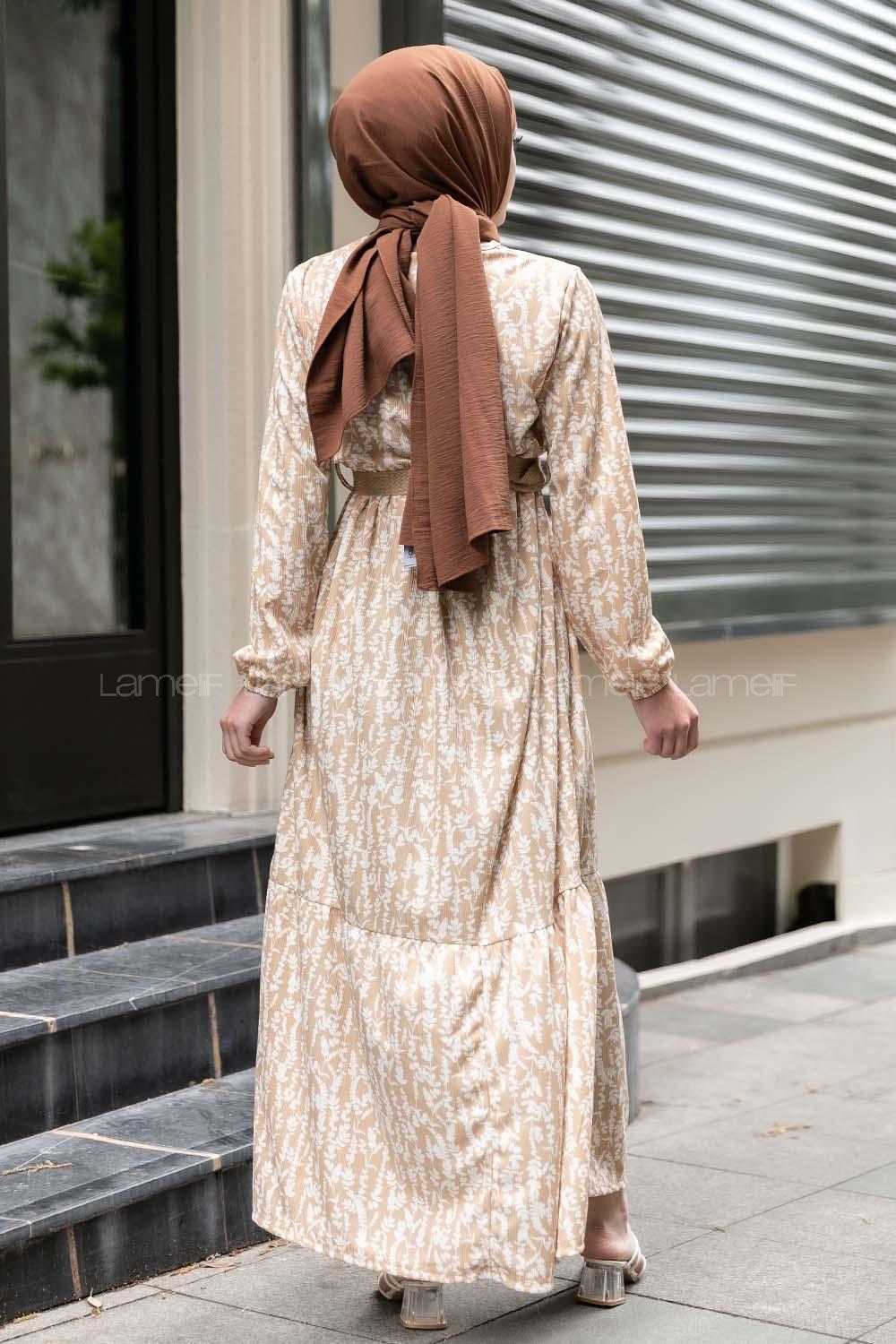 Modalamelif Burçak Desen Hasır Kemerli Elbise Sütlü Kahve