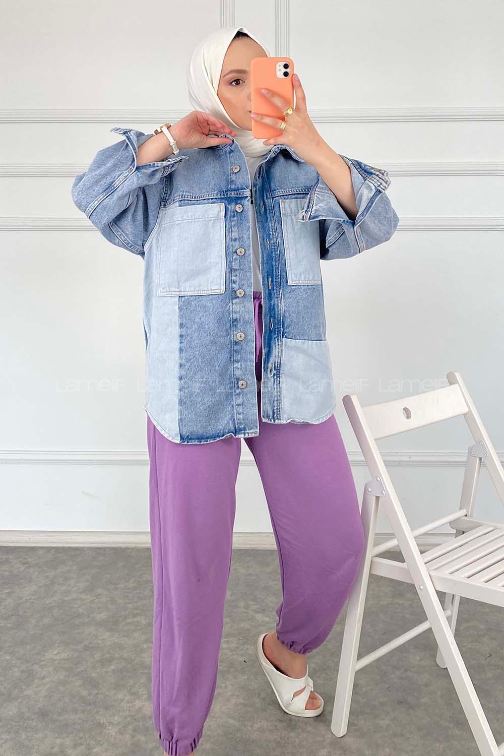 Modalamelif Büyük Cep  Parça Deyalı Kot Ceket Mavi