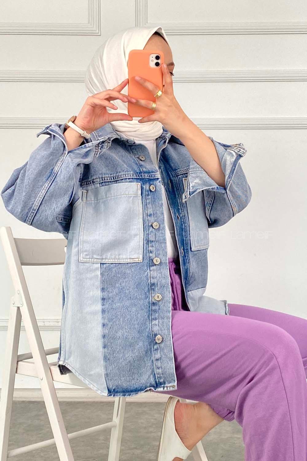 Modalamelif Büyük Cep  Parça Deyalı Kot Ceket Mavi