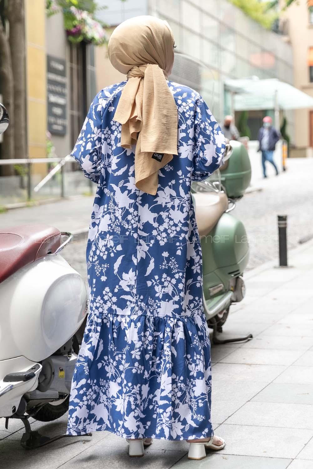 Modalamelif Çiçek Desen Kol lastikli Elbise İndigo