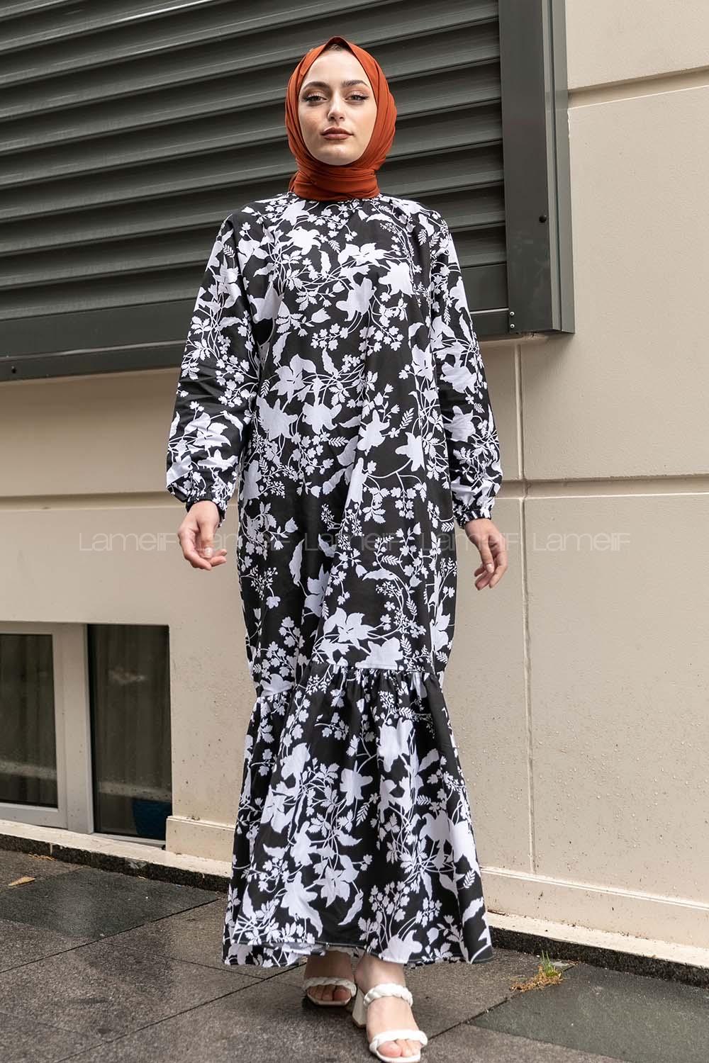 Modalamelif Çiçek Desen Kol lastikli Elbise Siyah