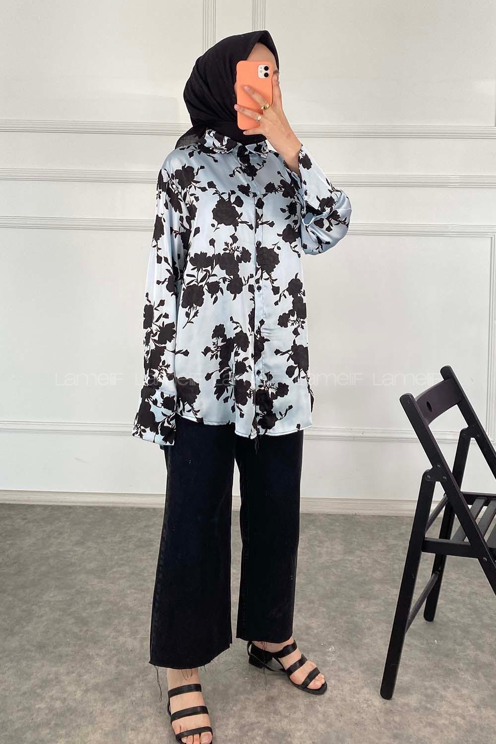 Modalamelif Çiçek Desen Saten Gömlek Mavi