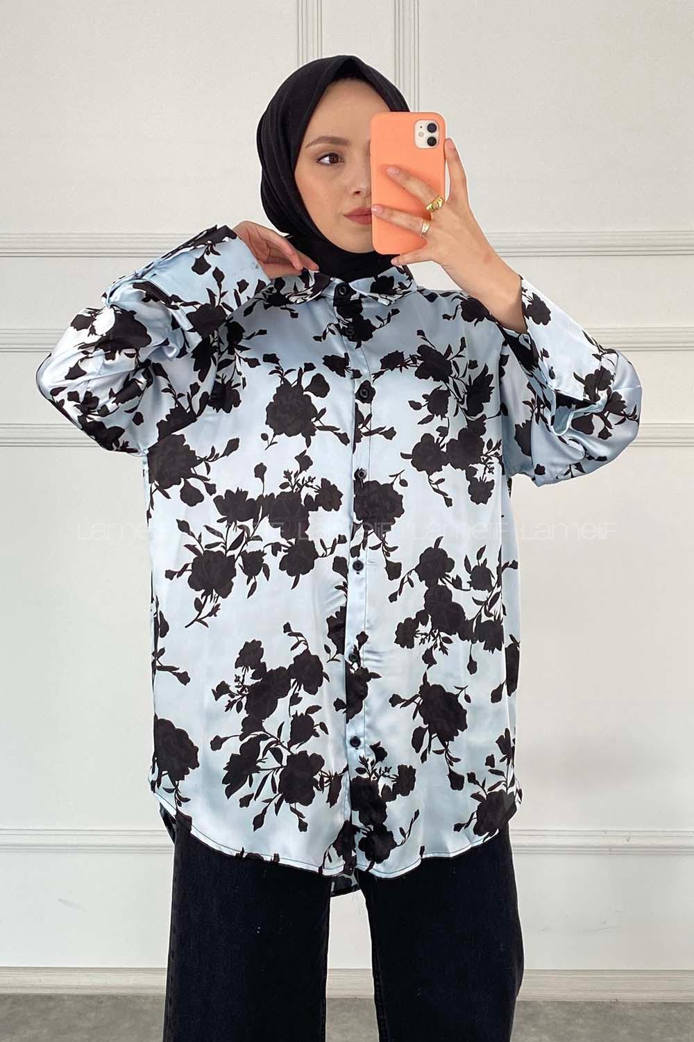 Modalamelif Çiçek Desen Saten Gömlek Mavi