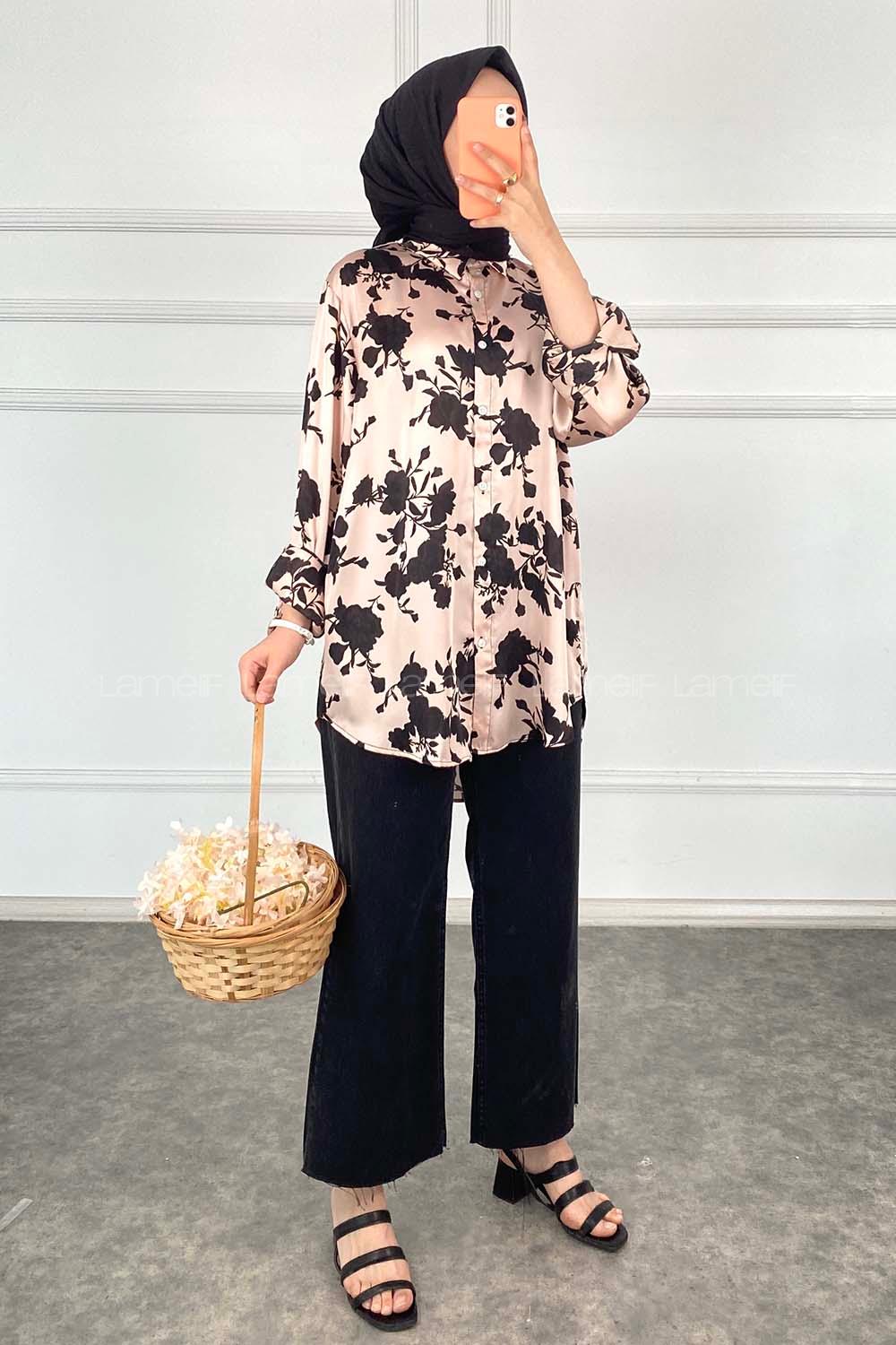 Modalamelif Çiçek Desen Saten Gömlek Pudra