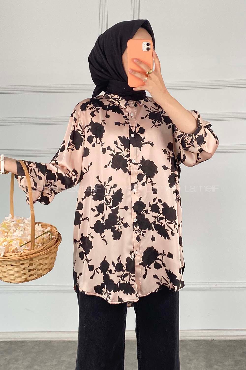 Modalamelif Çiçek Desen Saten Gömlek Pudra