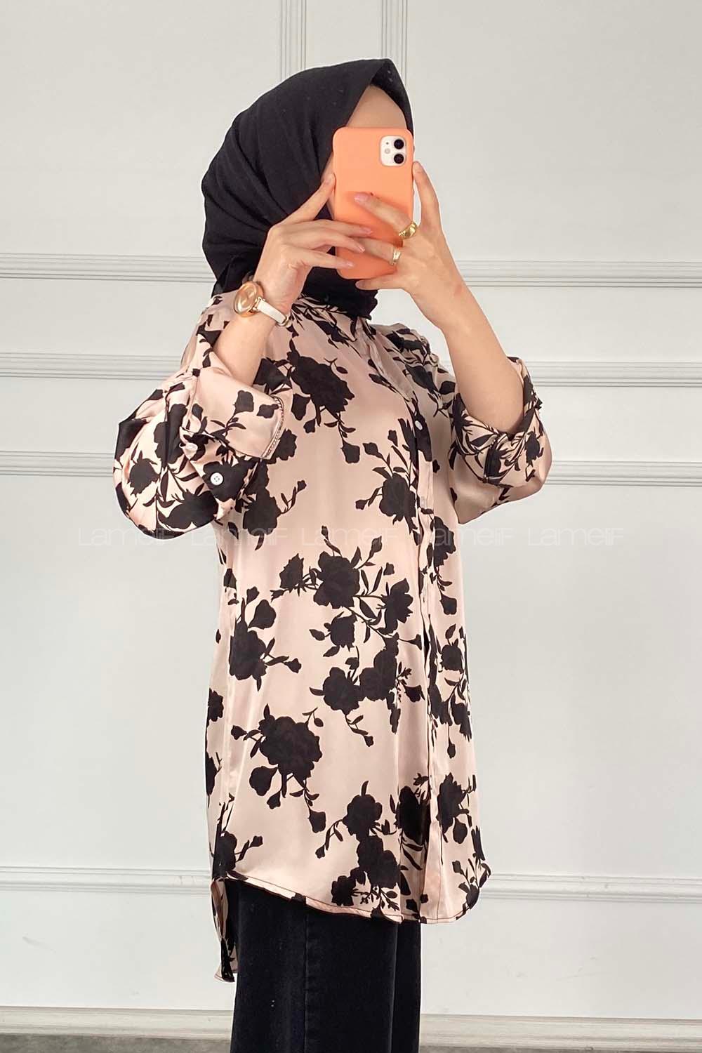 Modalamelif Çiçek Desen Saten Gömlek Pudra