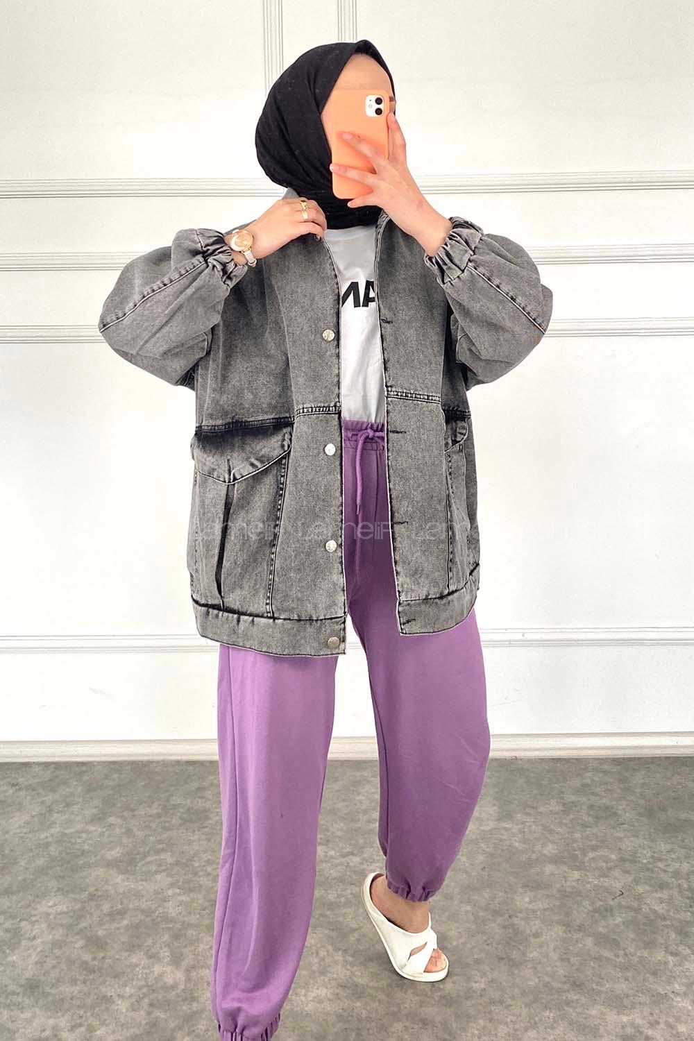 Modalamelif Çift Cepli Kolu ve Beli Pileli Kot Ceket Antrasit