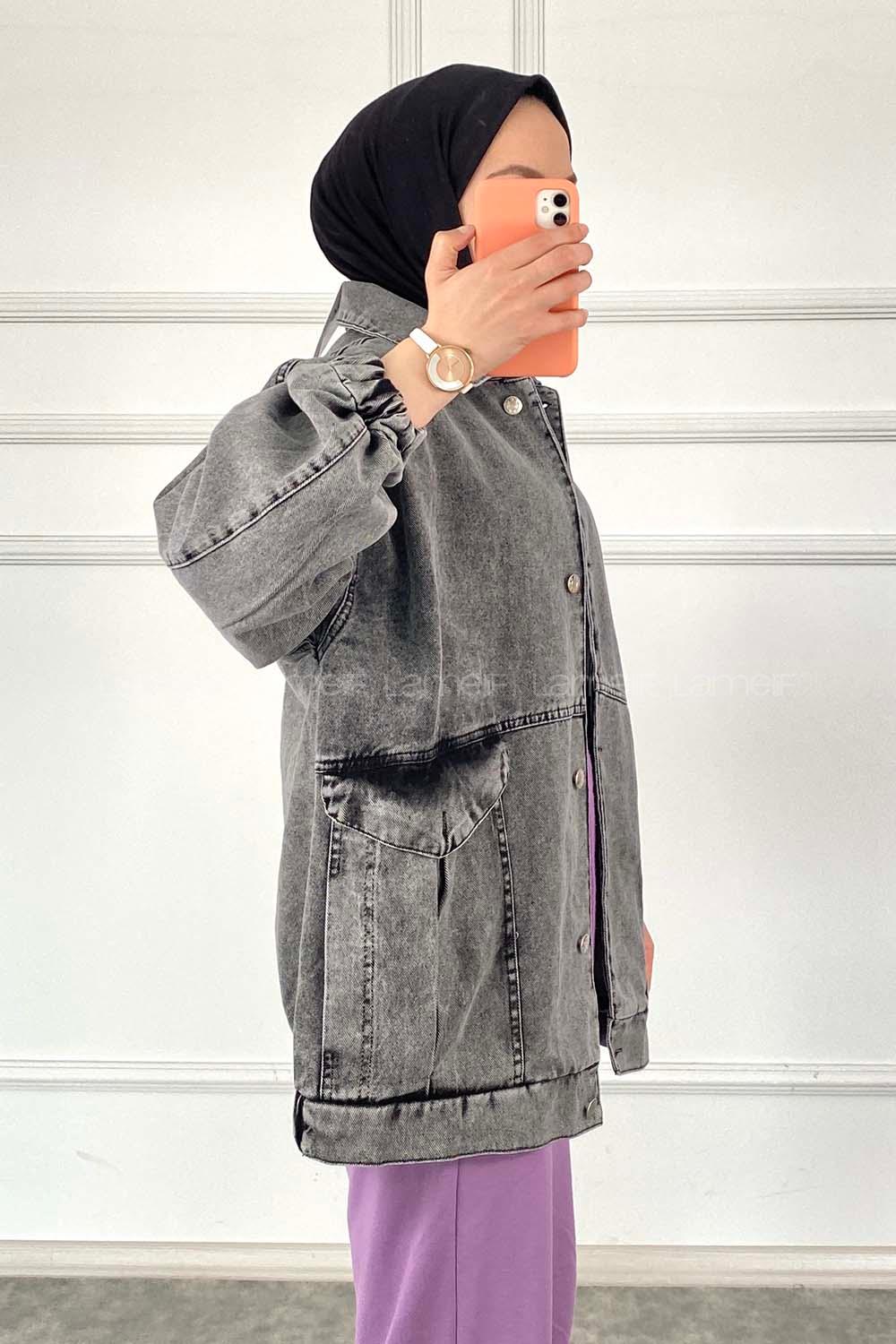 Modalamelif Çift Cepli Kolu ve Beli Pileli Kot Ceket Antrasit