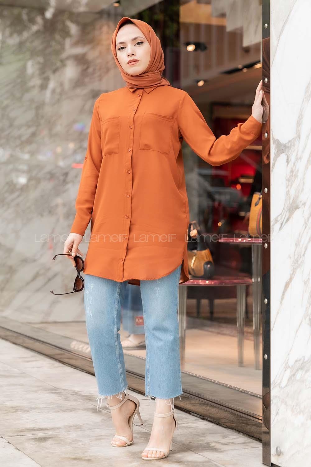 Modalamelif Çift Cepli Uzun Gömlek Kahverengi