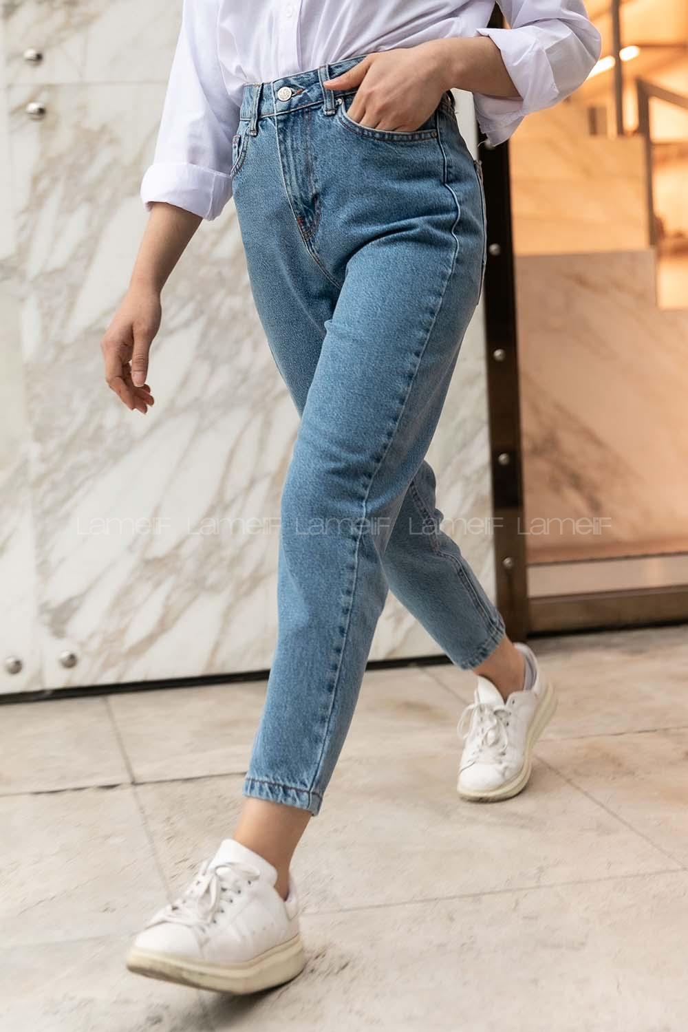 Modalamelif  Düşük Boru Paça Mom Pantolon Kot Mavisi