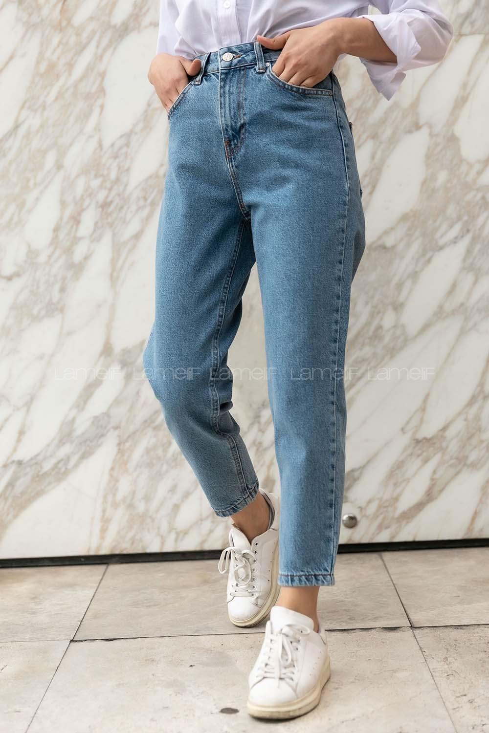 Modalamelif  Düşük Boru Paça Mom Pantolon Kot Mavisi