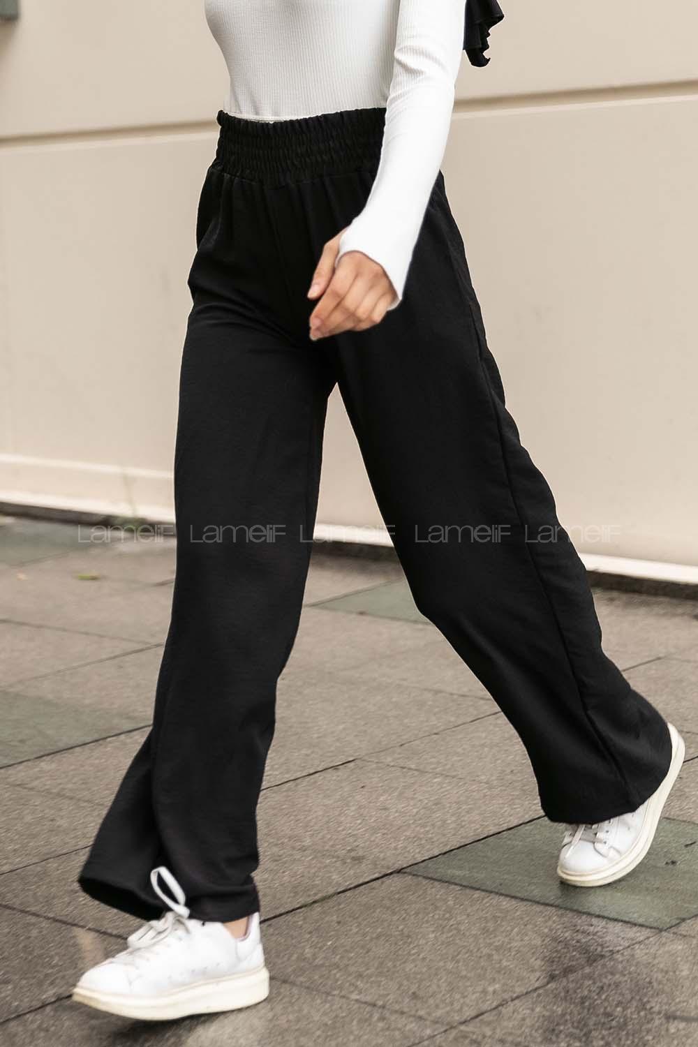 Modalamelif Geniş Kemerli Ayrobin Bol Paça Eşofman Siyah