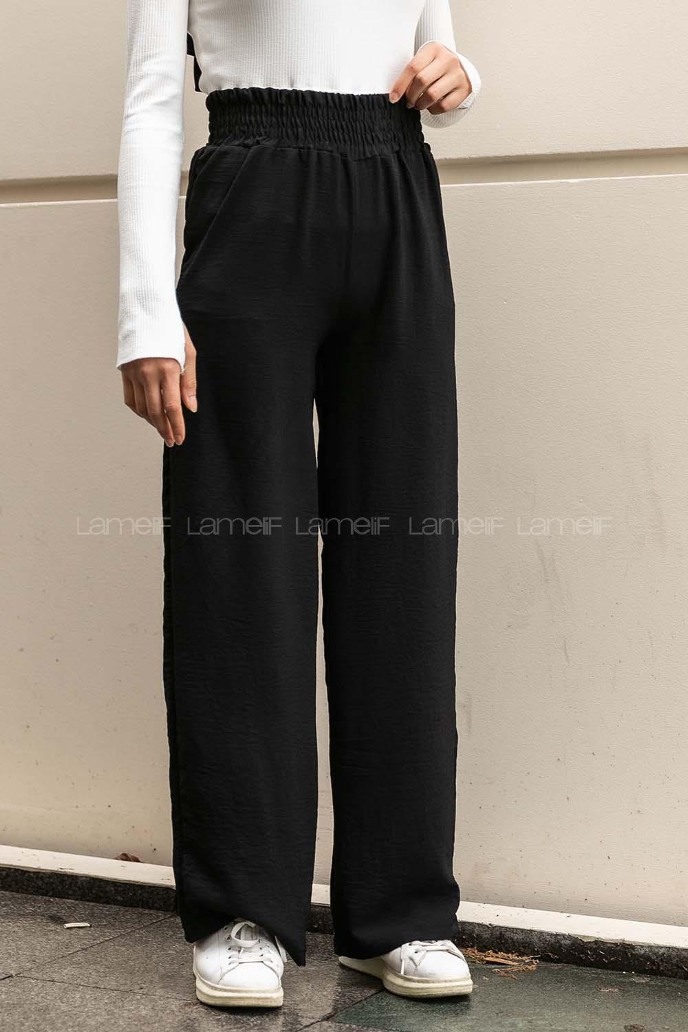 Modalamelif Geniş Kemerli Ayrobin Bol Paça Eşofman Siyah