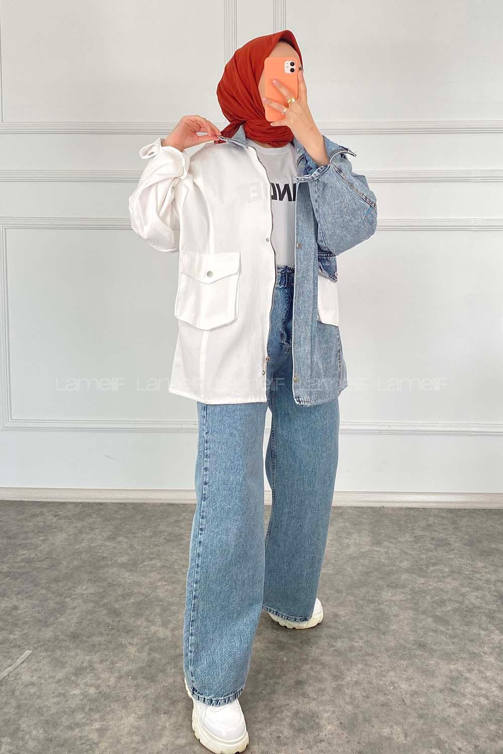 Modalamelif Hakim Yaka Gizli Fermuarlı  Kapak Cepli Garnili Ceket Beyaz