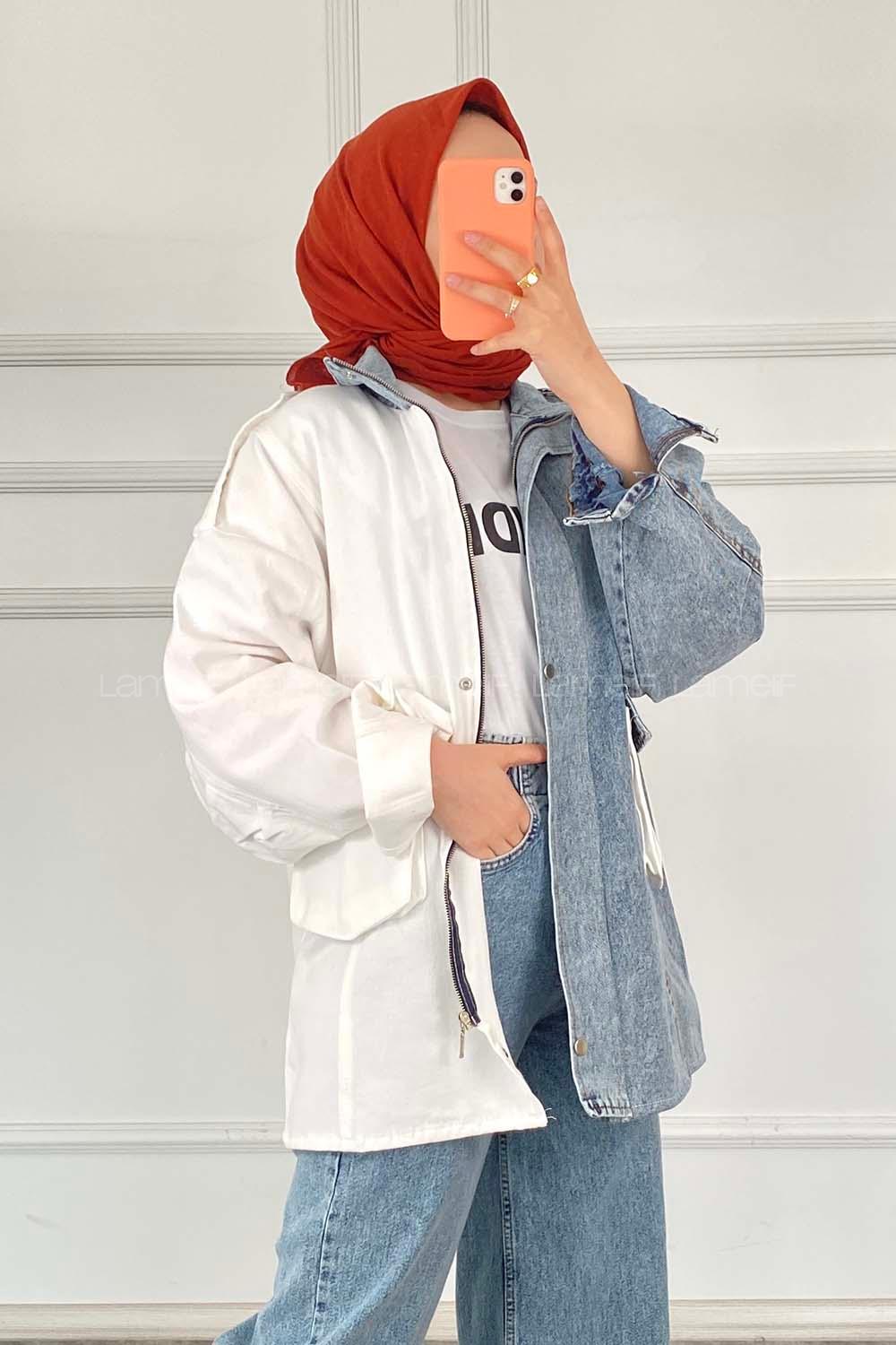 Modalamelif Hakim Yaka Gizli Fermuarlı  Kapak Cepli Garnili Ceket Beyaz