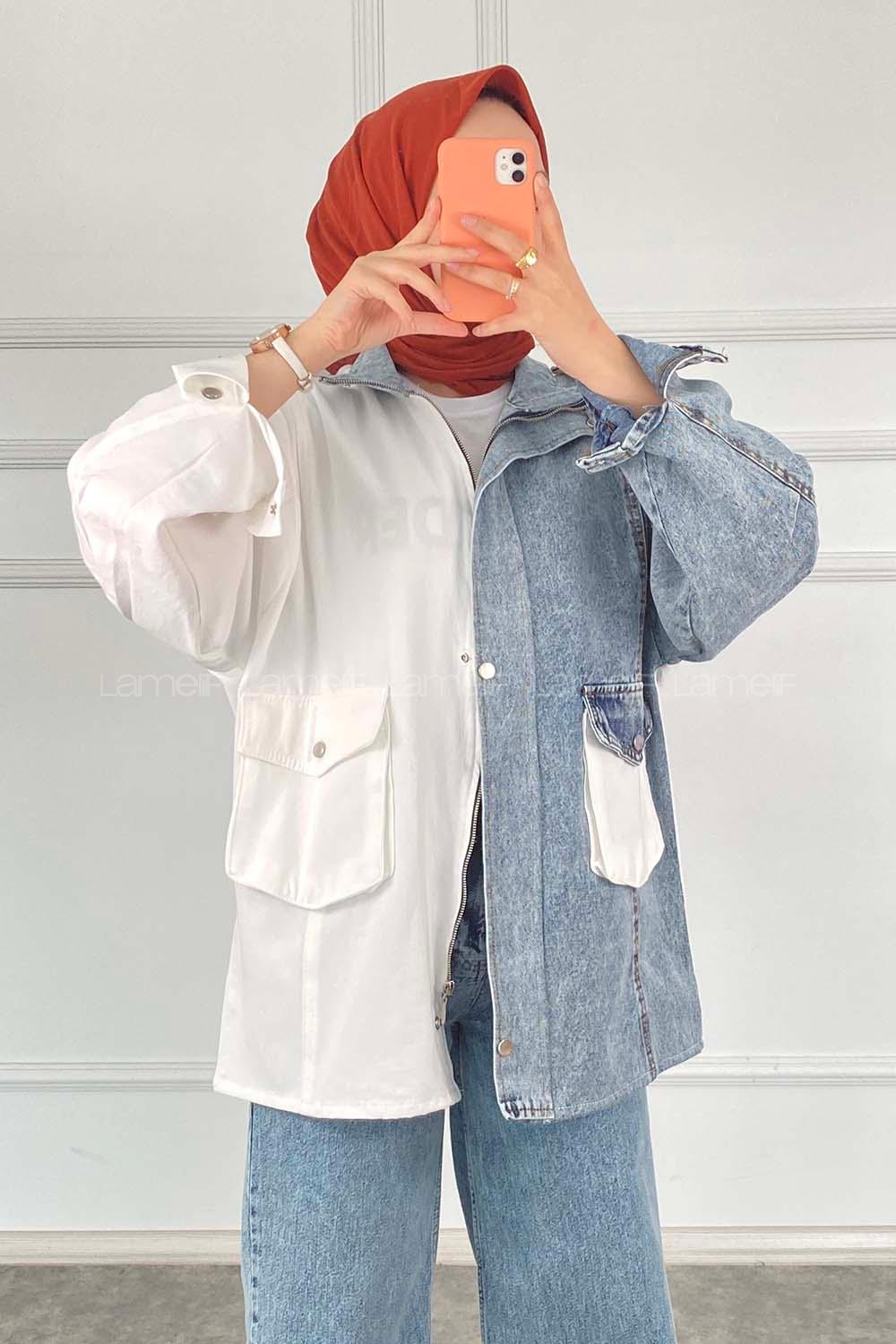 Modalamelif Hakim Yaka Gizli Fermuarlı  Kapak Cepli Garnili Ceket Beyaz