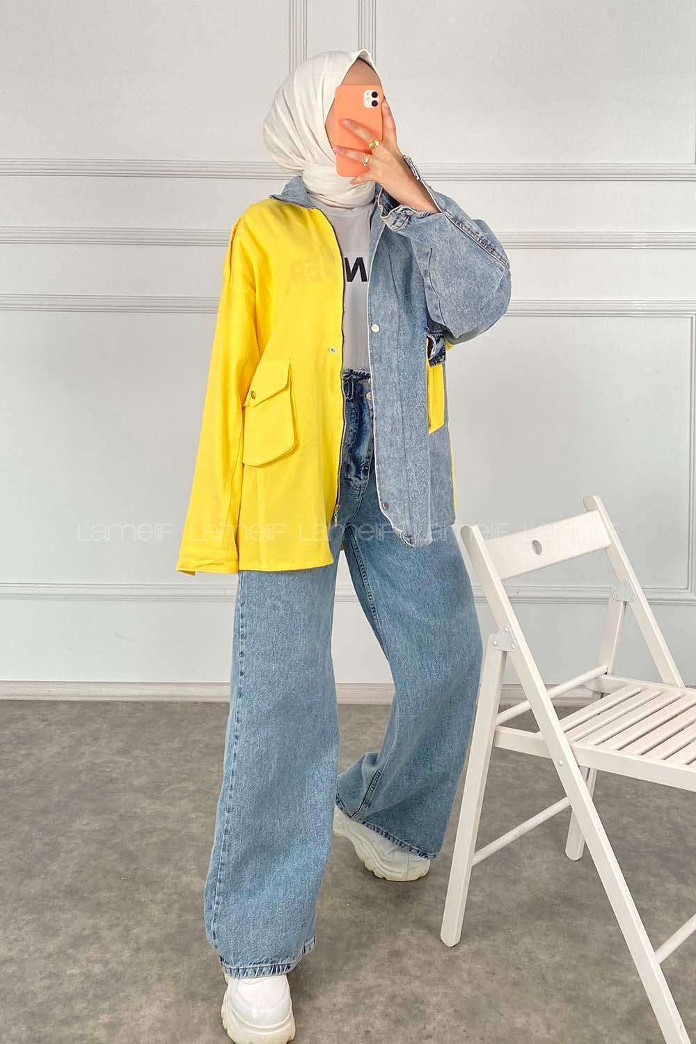 Modalamelif Hakim Yaka Gizli Fermuarlı  Kapak Cepli Garnili Ceket Sarı