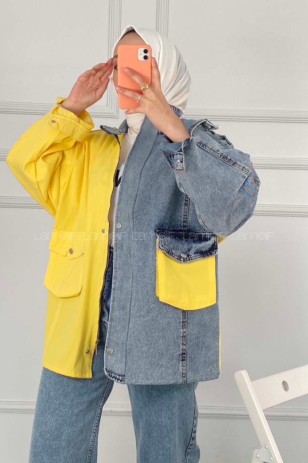 Modalamelif Hakim Yaka Gizli Fermuarlı  Kapak Cepli Garnili Ceket Sarı