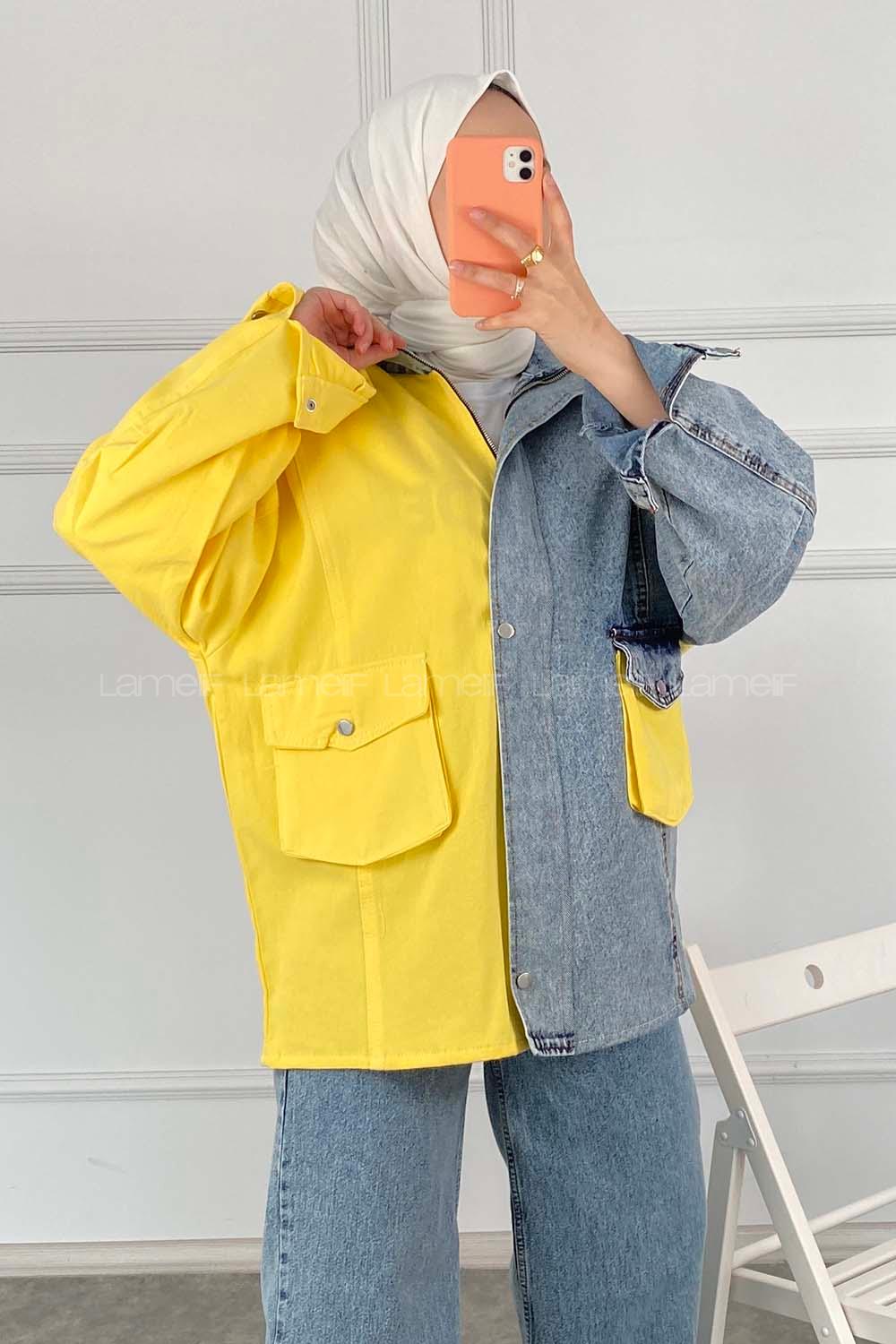 Modalamelif Hakim Yaka Gizli Fermuarlı  Kapak Cepli Garnili Ceket Sarı